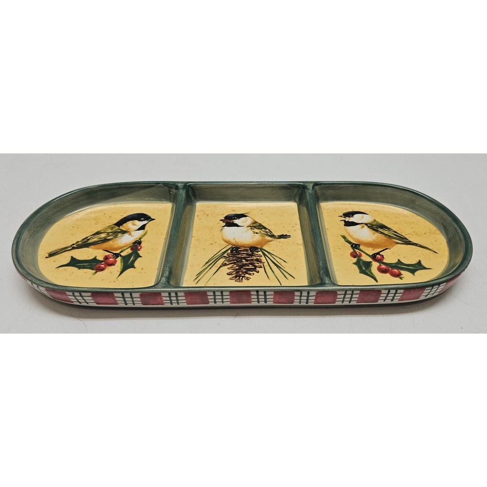 Lenox Winter Greetings Chickadee 3 Section Relish Tray Catherine McClung Plaid